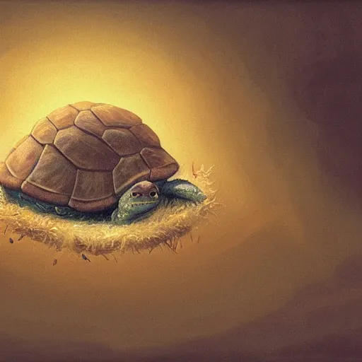 Prompt: soulful long shot of a very cute furry turtle baby nesting in a shell, by esao andrews, by james jean, by m. w. kaluta, very humorous illustration, big depth of field, perspective perception, volumetric light, warm cosy colors, night scenery, low light, unreal engine 5, 8 k, conceptart, hyperdetailed, hyperrealistic, trending on artstation