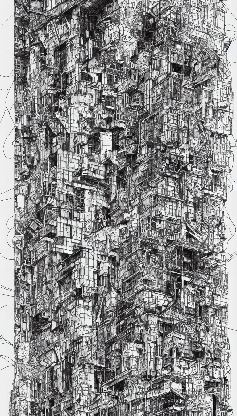 Image similar to a black and white drawing of a building, a detailed mixed media collage by hiroki tsukuda and eduardo paolozzi, intricate linework, sketchbook drawing, street art, polycount, deconstructivism, matte drawing, academic art, constructivism