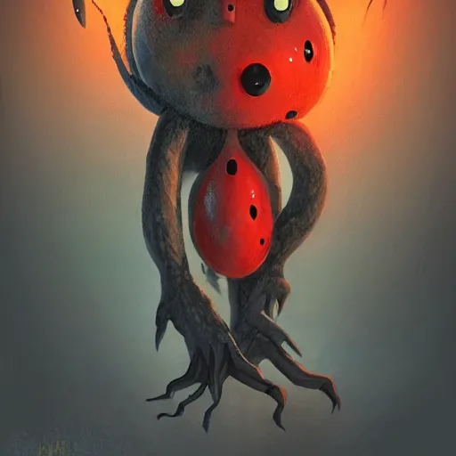 Image similar to ladybug as a monster, fantasy art style, scary atmosphere, nightmare - like dream, dramatic lighting