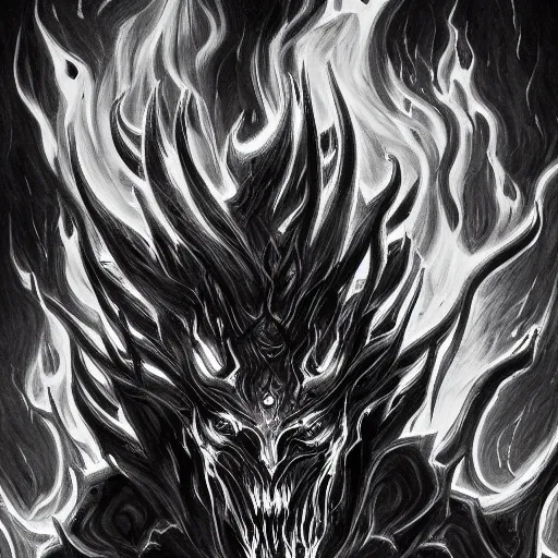 Image similar to grayscale drawing by Anato Finnstark of diablo lord of terror in 3/4 view, swirling flames