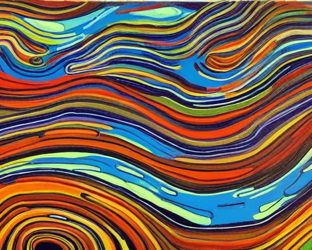 Image similar to A wild, insane, modernist landscape painting. Wild energy patterns rippling in all directions. Curves, organic, zig-zags. Saturated color. Mountains. Clouds. Rushing water. Hallucinatory sci-fi dreamworld. Wayne Thiebaud. Lisa Yuskavage landscape.