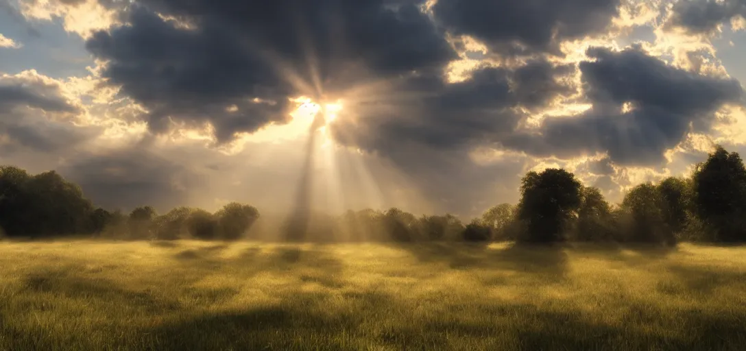 Prompt: a beautiful picture of a turbulent cloud over an idyllic meadow, bright god rays breaking through, intricate detail, sunset, serene, hazy, volumetric lighting, volumetric clouds, 8 k, hyperrealistic, digital art trending on artstation