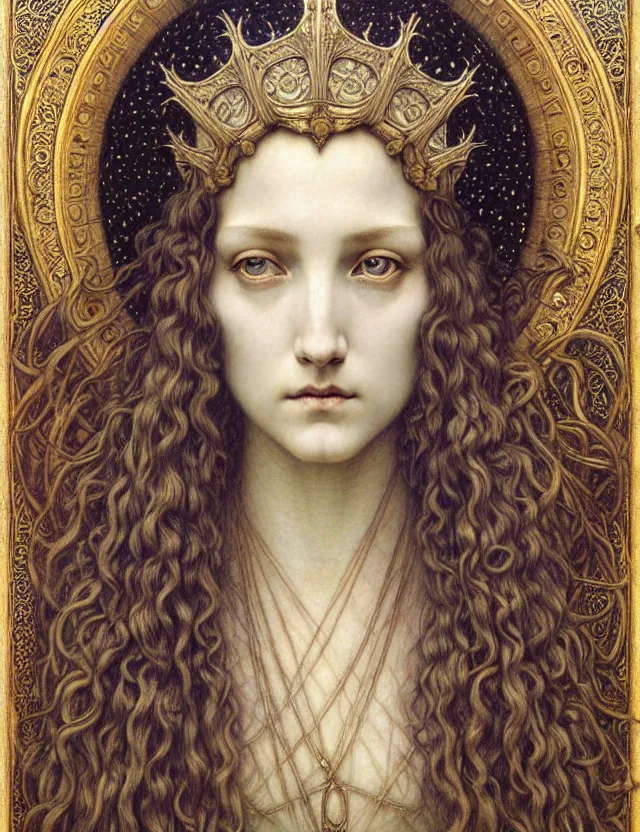 Image similar to detailed realistic beautiful young medieval queen face portrait by jean delville, gustave dore and marco mazzoni, art nouveau, symbolist, visionary, gothic, pre - raphaelite. horizontal symmetry