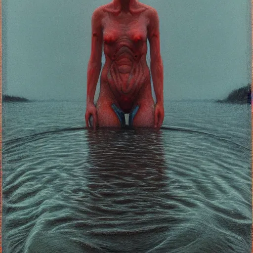 Prompt: portrait, standing in a lake, woman wrapped around by tubes and cables, glowing red, by edgar maxence and ross tran, zdzisław beksinski, and michael whelan, distant, gustav dore, h. r. giger, 8 k, octane render