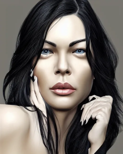 Image similar to portrait of a tall 4 0 - year - old woman with thin lips, long, voluminous black hair, and thick eyebrows, wearing in black clothes, hyper realistic face, beautiful eyes, character art, art by mark brooks, hyperdetailed, cryengine, trending on artstation, digital art