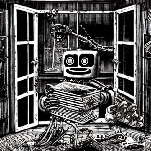 Prompt: robot horror crawling out from an open book, library, dark window, disarray, messy, dirty, hyperrealistic, horror movie