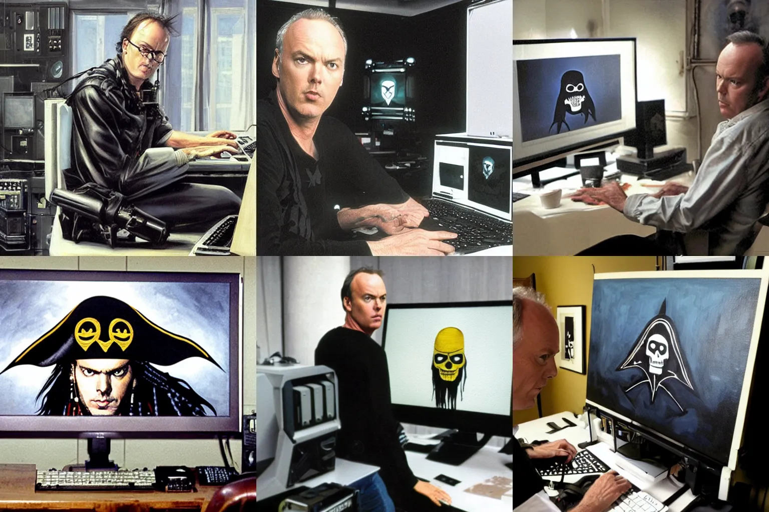 Prompt: michael keaton in his computer with black pirate flag in the middle of the white screen, painting by James gurney