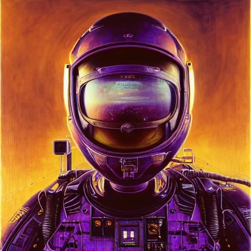 Prompt: ryan reynolds cyber pilot, wired inside cockpit, atmospheric lighting, painted, intricate, golden and purple hour, ultra detailed by peter gric, giger, enki bilal