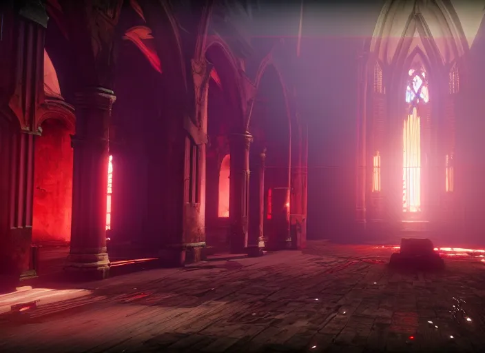 Image similar to ancient church with red shafts of light in destiny 2, foggy, liminal, dark, dystopian, beautiful architecture, abandoned, highly detailed 4 k 6 0 fps in - game destiny 2 gameplay screenshot leak