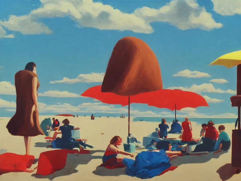 Prompt: day at the beach, minimalist, 7 0 s, stanley kubrick the shinning, american gothic, vibrant colors americana, cinematic, volumetric lighting, ultra wide angle view, realistic, detailed painting in the style of edward hopper and rene magritte