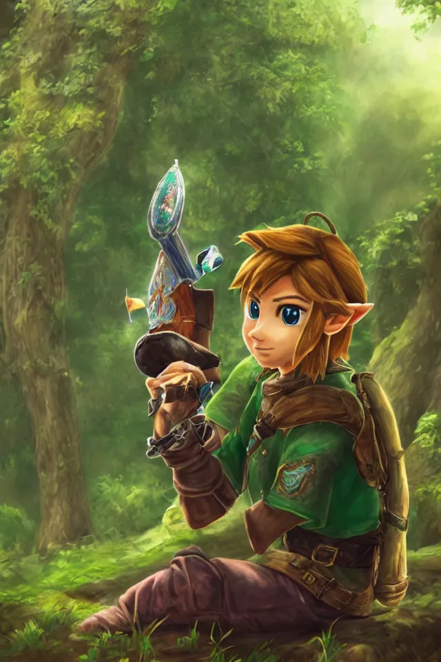 Image similar to a photorealistic portrait of link sitting in woods of hyrule playing ocarina, with a ultra detailed texture and a dreamy atmosphere, hdr, cinematic scene, beautiful light