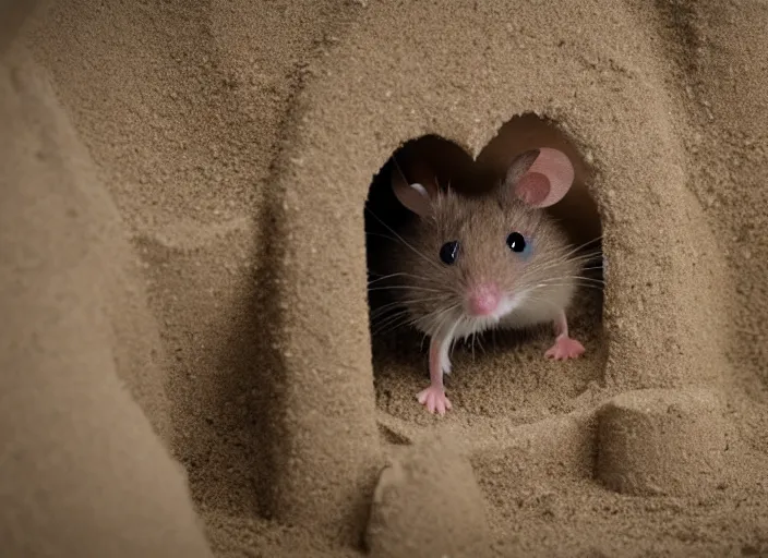Prompt: dslr photo still of a mouse inside a sand castle, 8 k, 8 5 mm f 1. 4