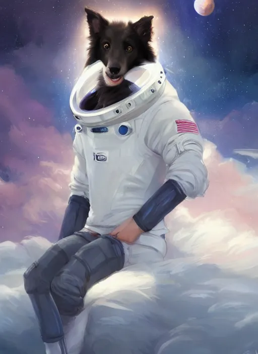 Image similar to beautiful portrait of a cute male anthropomorphic border collie fursona wearing a spacesuit in the ocean. by charlie bowater, henry asencio, and ross tran. scenic background, detailed, concept art, detailed hands, glamor pose, aesthetic, trending on artstation, top rated on furaffinity and deviantart