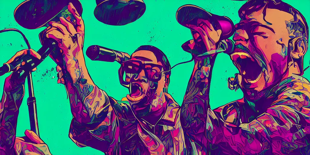 Image similar to rapper yelling into microphone, on stage at festival, digital art, vapor wave, hip hop, surreal, psychedelic, trending on Artstation, professional artist, detailed, 4k