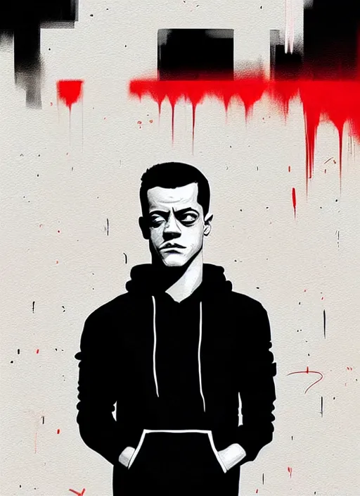 Image similar to highly detailed moody portrait of rami malek, elliot anderson, black hoody by atey ghailan, by greg rutkowski, by greg tocchini, by james gilleard, by joe fenton, by kaethe butcher, gradient red, black and white color scheme, grunge aesthetic!!! ( ( graffiti tag wall background ) )