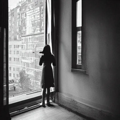 Image similar to “ a girl holding a cup of coffee looking out a window overlooking the east village in new york city, morning light, by gregory crewdson ”