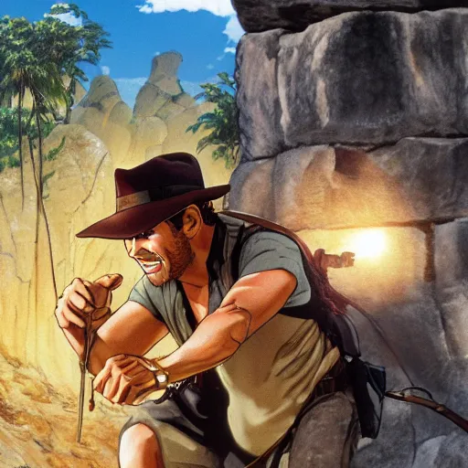 Image similar to Indiana Jones being chased by a boulder trap, boulder chase, underground sandstone temple background, giant round stone chasing Indiana Jones, raiders of the lost ark, anime key visual