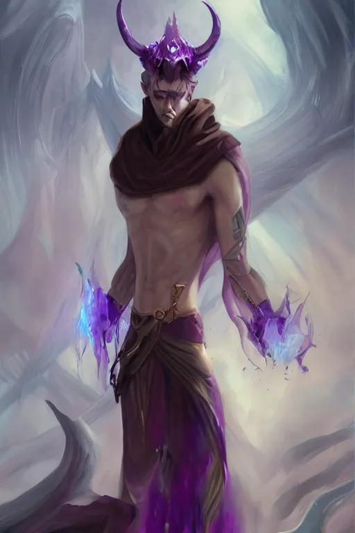 Prompt: djinn man male demon, portrait, full body character, concept art, purple cloak, single face, illustration, white horns, single face, cinematic color grading, editorial photo, fashion, hyperrealism, trending on artstation, Charlie Bowater, WLOP