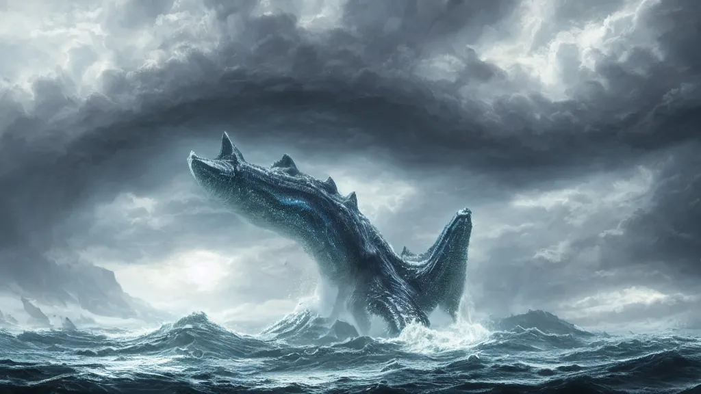 Prompt: A leviathan rising out of a stormy sea, concept art, matte painting, 8k, highly detailed, artstation