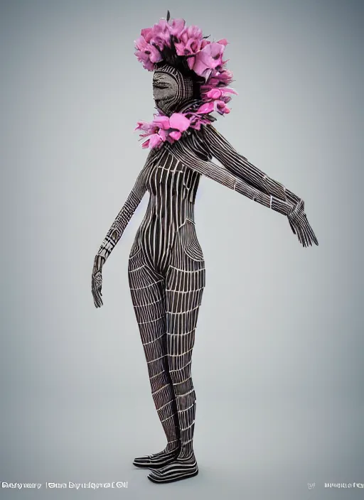 Image similar to an anthromorphic beautiful bee woman wearing striped couture made out of wax and paper and flower petals, at a fashion shoot, by issey miyake, trending on Art Station, 3D, octane render,