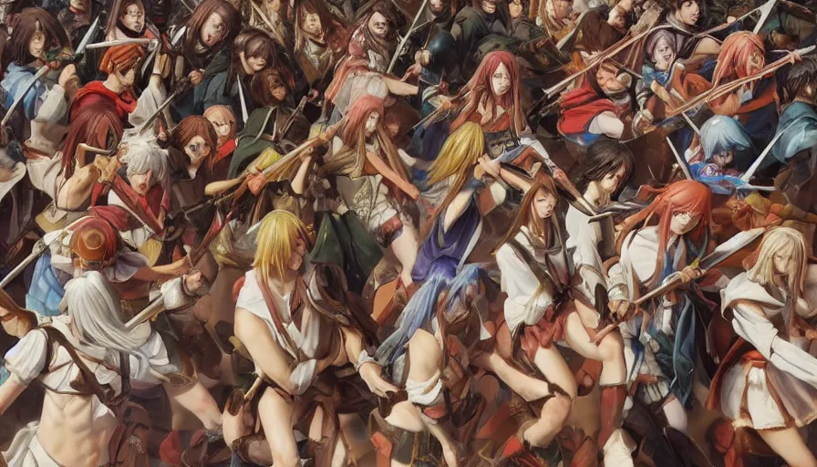 Image similar to jesus christ our lord leading an army of anime girls into battle, photorealistic, anime, mini skirt, long hair, renaissance painting, hyper real, detailed, closeup shot, ultra detailed