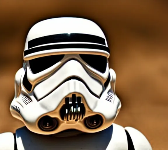 Prompt: a star wars stormtrooper in the desert, dunes, sun, haze