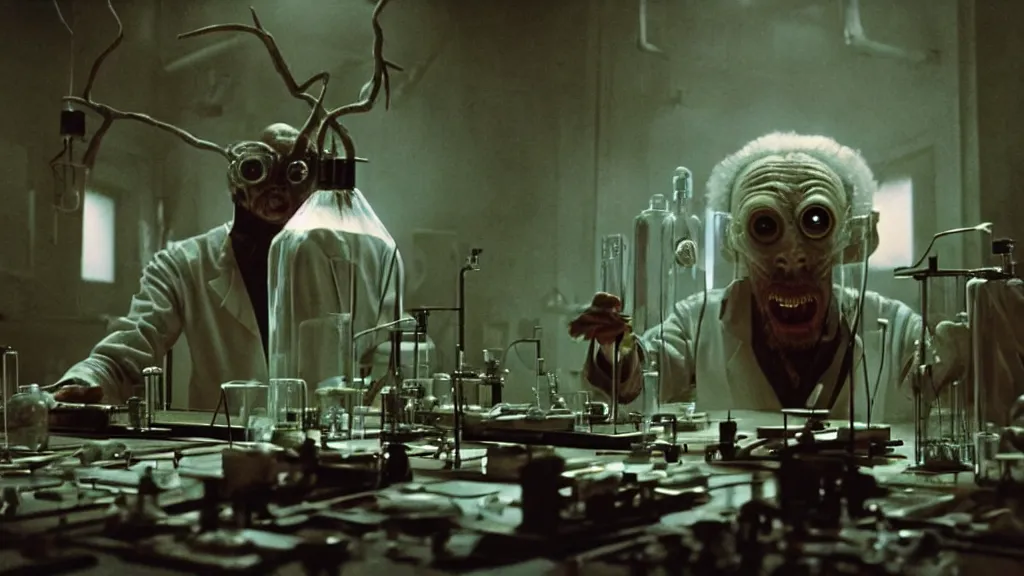 Image similar to a mad scientist in his lab, creates a creature, film still from the movie directed by denis villeneuve and david cronenberg with art direction by salvador dali and zdzisław beksinski, wide lens