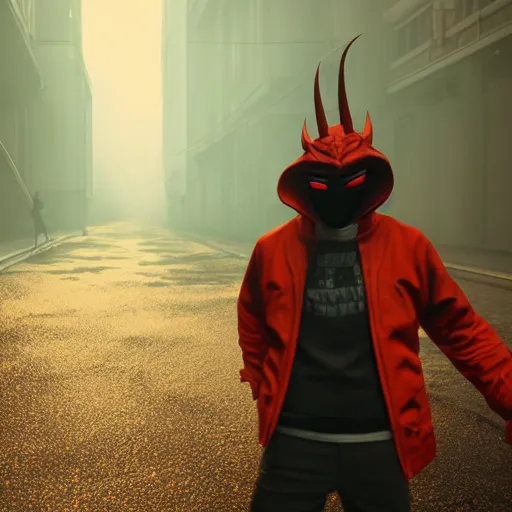 Image similar to villain wearing a red oni mask, orange jacket, dark background, unreal engine 5, ultra realistic, detailed, fog, volumetric lighting, by greg rutkowski,