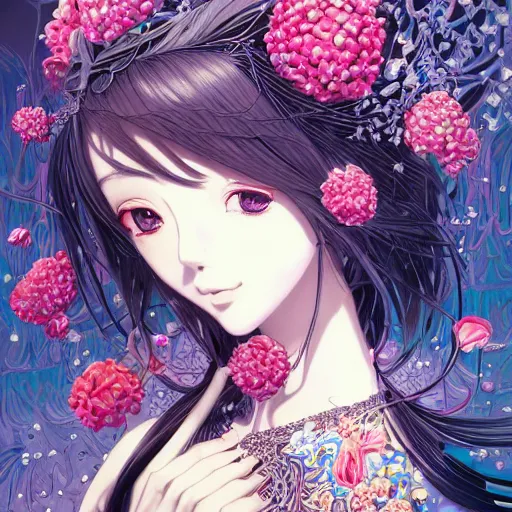 Image similar to the portrait of an absurdly beautiful, graceful, elegant, and sophisticated anime girl made of garlic bulbs, an ultrafine detailed illustration by james jean, intricate linework, bright colors, final fantasy, behance contest winner, vanitas, angular, altermodern, unreal engine 5 highly rendered, global illumination, radiant light, detailed and intricate environment