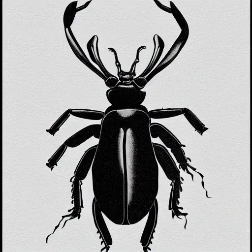 Image similar to male stag beetle, black and white, botanical illustration, black ink on white paper, bold lines