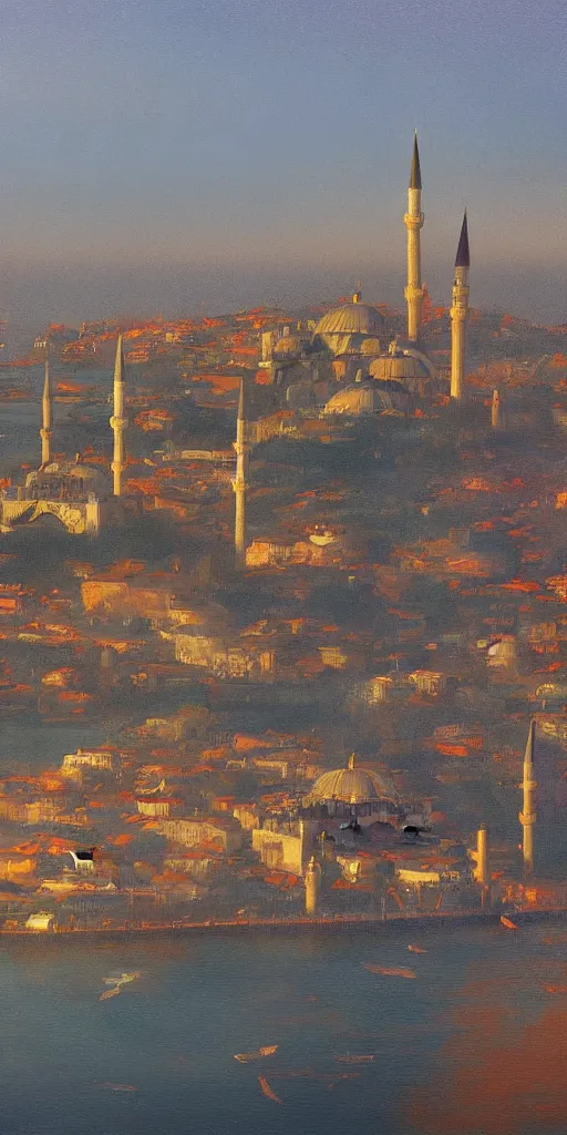 Image similar to Fantasy version of the city of Istanbul on a clear day, tonalism style, trending on Artstation, 8k, 4k, high-res, digital art