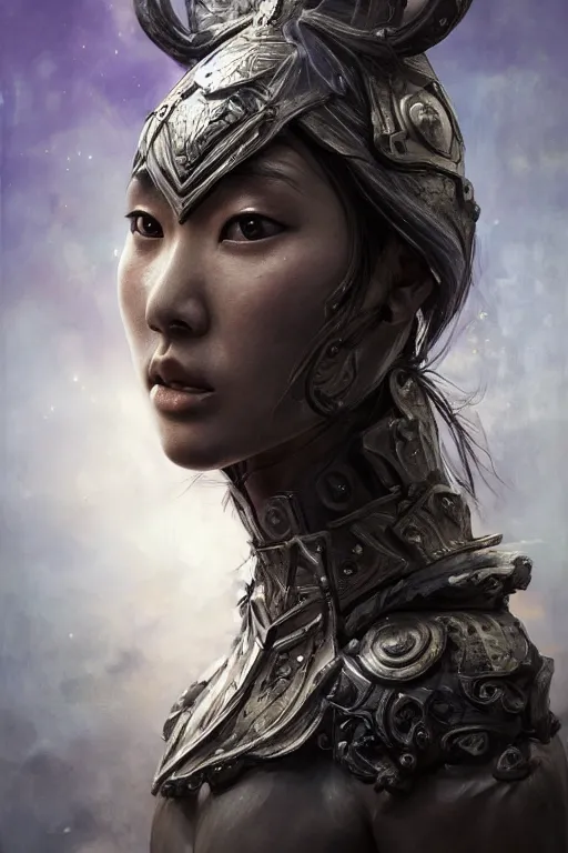 Image similar to Art station concept of Asian woman, fair skin, big eyes, long black hair, no bangs, wearing sculpted textured armor, closes her eye, battle damage, intricate complexity, close-up of the front of the face, resolute expression, back lighting, 4K resolution, symmetric, clear facial features, by Ruan Jia and Mandy Jurgens and William-Adolphe Bouguereau, Karol Bak, smooth, sharp focus, rich deep colors, Unreal Engine 5, digital render, intricate, ultra realistic, concept art,