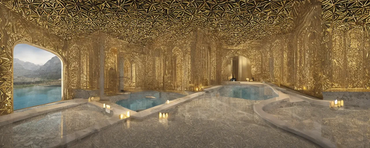 Image similar to interior of a double height luxury spa with everything made of gold, candles, beige marble floor, wellness pool, intricate detailed roof, contemporary design, sacred geometry, 8 k, hyperrealistic, photorealism, windows with view to wadi al disah mountains