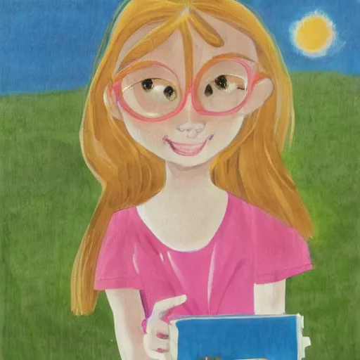 Prompt: children book illustration of little blonde girl with iphone by eloise wilkin