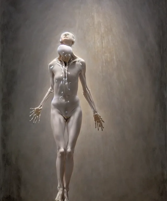 Image similar to Beautiful full-body wax sculpture of glowing transparent woman with visible bones covered with melted white candle wax inside the singularity where stars becoming baroque folds of dark matter by Michelangelo da Caravaggio, Nicola Samori, William Blake, Alex Grey and Beksinski, dramatic volumetric lighting, highly detailed oil painting, 8k, masterpiece