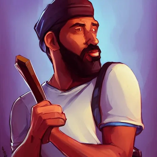 Prompt: man with blue shirt, brown skin, beard, and a blue pickaxe in grand theft auto art style, dnd character art portrait, matte fantasy painting, deviantart artstation, by jason felix by steve argyle by tyler jacobson by peter mohrbacher, cinema c 9. 0