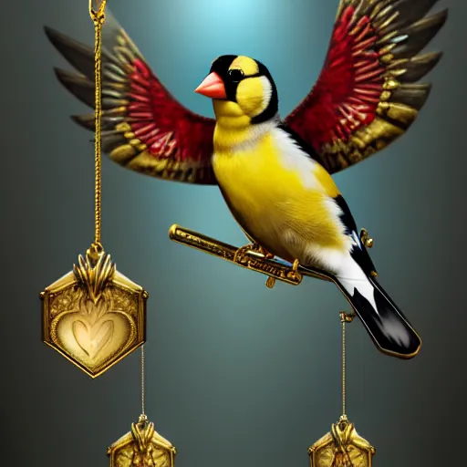 Image similar to goldfinch with a message inside is decorated with jewels and hangs from the neck of a valkyrie with armor, in the background you can see the fountain of a park. digital art, fantasy art, photo realistic, dynamic lighting, artstation, poster, volumetric lighting, hyperrealistic, 4 k, award winning