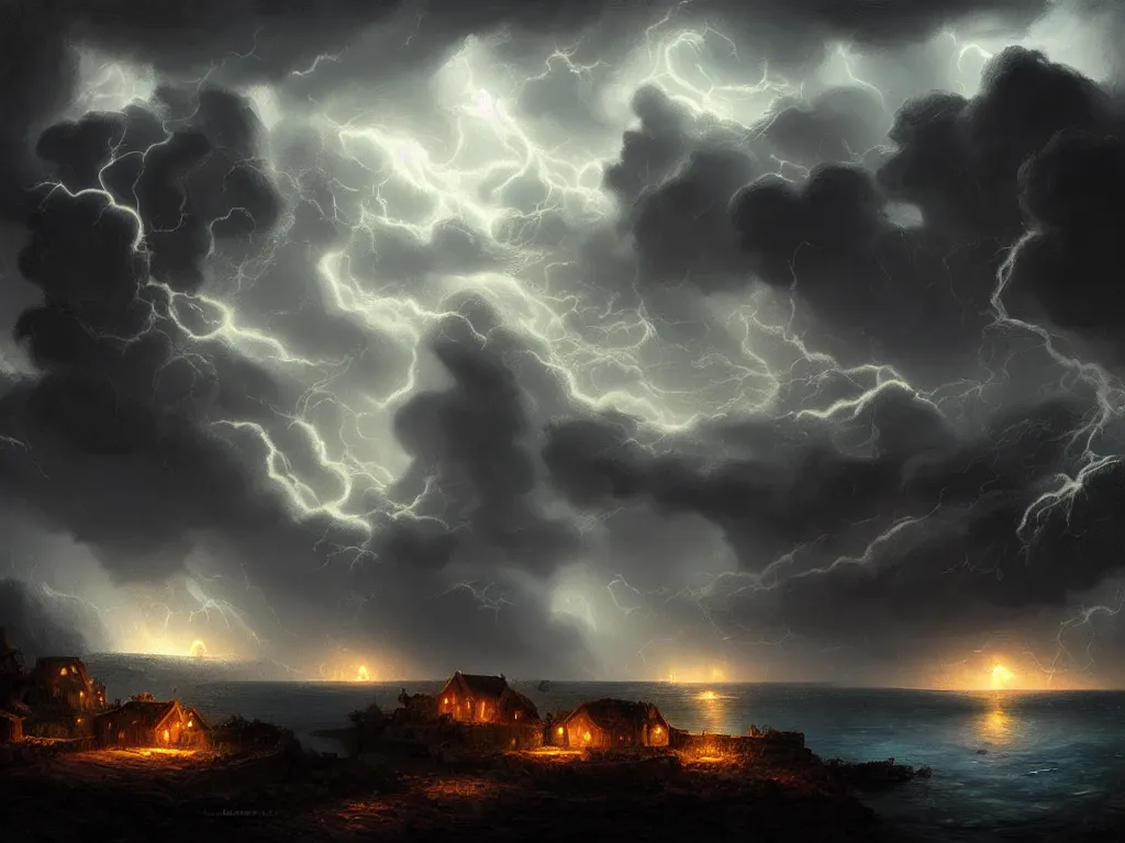 Prompt: a dark storm with clouds and thunder closes in over a small dimly lit village in a cove, digital painting, fantasy, art by alexandre mahboubi and christophe oliver