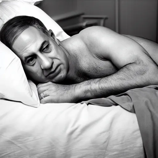 Image similar to benjamin netanyahu as a model lying seductively on bed, model photography, dynamic lighting, volumetric lighting, highly detailed, grayscale, professional