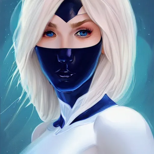 Prompt: a beautiful portrait of a beautiful cute superhero woman, blonde hair, matte navy - blue bodysuit, white cape, intricate, elegant, 8 k, highly detailed, digital painting, concept art, smooth, sharp focus, illustration, disney, anime, by artgerm and loish and wlop and alphonse mucha