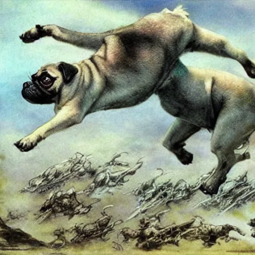 Image similar to a magical land of flying pug dogs, luis royo, frazetta, whealan,