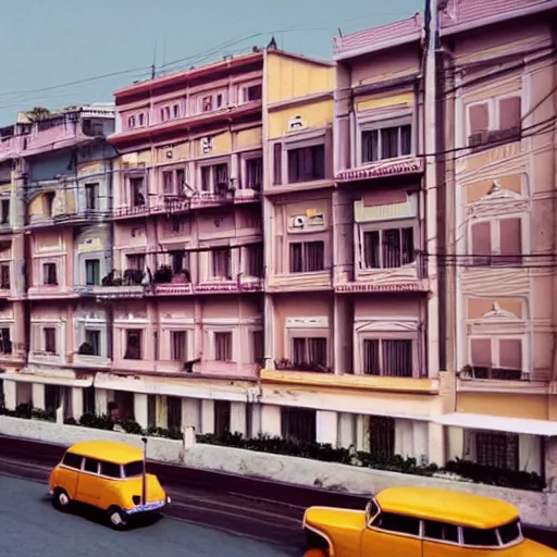 Image similar to Wes Anderson film still in Saigon without people. Establishing shot. 8k resolution. Pastel. Sharp. Whimsical.