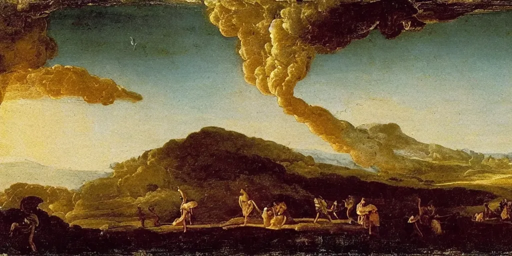 Prompt: an exploding volcano seething, ethereal landscape, claude lorrain pastoral landscape