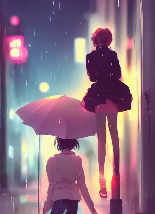 Image similar to listening to music at 2 am, night, pretty girl, pose, rain, lofi, lofi, peaceful, street light, anime key visual, poster, street wears, anime, by rossdraws, high quality, 4 k, trending, trending on artstation