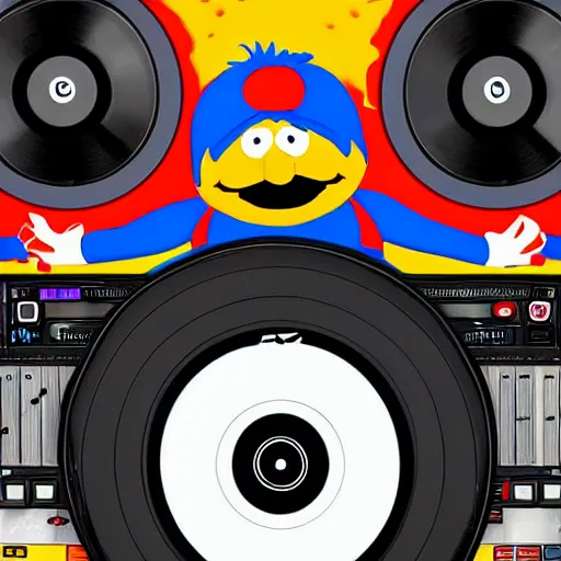 Image similar to svg sticker of a Pop-Wonder Bert&Ernie, Sesame-Street, at a rave, spinning records, giant headphones rocking out, wearing headphones, huge speakers, dancing, rave, DJ, spinning records, digital art, amazing composition, rule-of-thirds, award-winning, trending on artstation, featured on deviantart