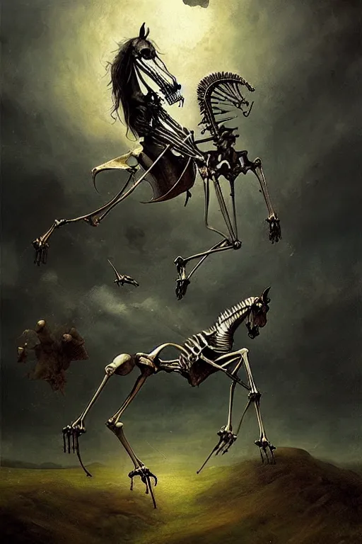 Image similar to hieronymus bosch, greg rutkowski, anna podedworna, painting of a flying evil skeletal horse