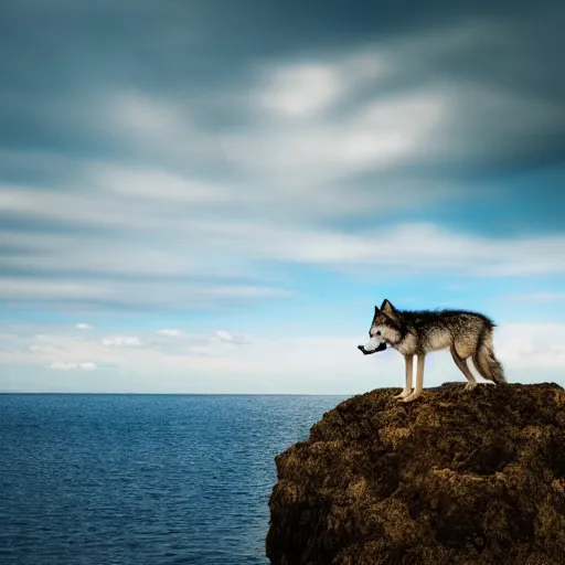 Prompt: professional photograph of a wolf standing on an island, blue clouds, highly detailed, high quality, HD, 8K
