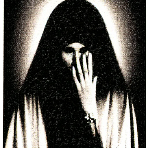 Image similar to vhs static overlay of marian apparition, vhs, 1 9 9 0, beautiful, highly realistic, highly detailed, vhs noise static, black and white, vhs glitch