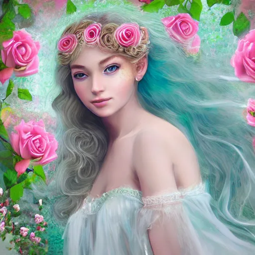 Prompt: a beautiful young girl, pale, turquoise eyes, curly blond, angle face, roses in her hair, realistic, fairy look, long white hyperdetailed dress in pale pink and white, full body floating, secret garden, cinematic, trending on art station