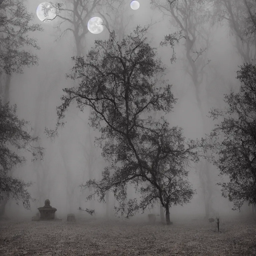 Prompt: a haunted forest, tombstone, fog, moonlight, web